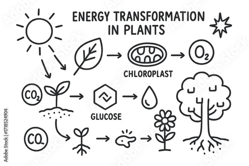 Plant Energy Flowchart. Hand-drawn doodle illustration Energy transformation in plants sun, rays, leaf, chloroplast, glucose molecule, oxygen bubble, carbon