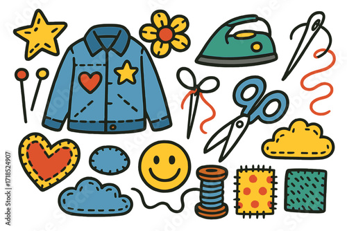 Colorful Doodle Patches. Colorful Hand-drawn doodle Children illustration Patch on clothes jacket, denim patch, flower patch, iron, needle, thread, scissors,