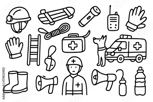 Rescue Operation Doodles. Hand-drawn doodle illustration rescue operations rescue helmet, stretcher, rope, flashlight, walkie-talkie, gloves, ladder, first aid