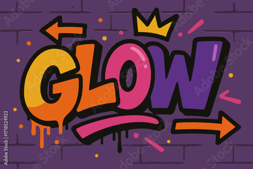Urban Graffiti Vibes. Urban Glow ? Graffiti Simplified style, bubble tilted letters with drips, bold flat fills, arrows and crown highlights, street vibe.