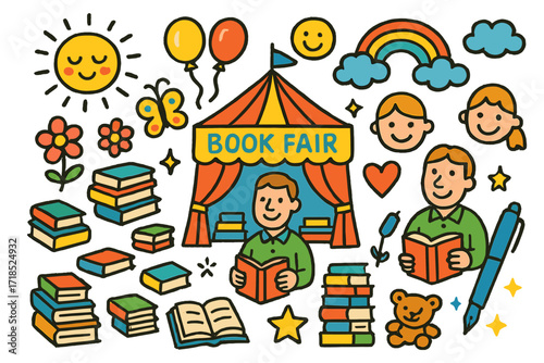 Whimsical Book Fair. Colorful Hand-drawn doodle Children illustration Book Fair tent, stacks of books, author, pen, balloons, rainbow, flower, butterfly, sun,