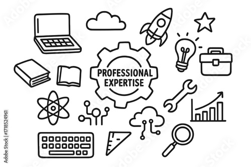 Professional Expertise Icons. Hand-drawn doodle illustration Professional expertise gear, laptop, book, rocket, light bulb, toolbox, wrench, chart, ruler,