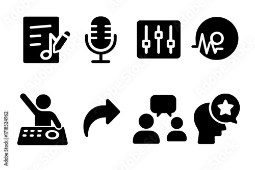 Beatmaker Icon Stages. Solid, filled icon set of beatmaker stages: composition, recording, mixing, mastering, performing, sharing, collaboration, feedback.