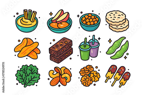 Vegan Snack Icons. Colorful isometric vector icons set of Clean Vegan Snacks: hummus and veggies, trail mix, apple slices with almond butter, roasted