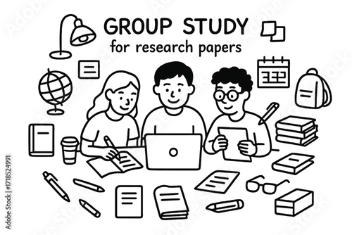 Group Study Icons. Hand-drawn doodle illustration [Group study for research papers] [students, laptop, notebook, pen, pencil, coffee cup, books, paper sheet,