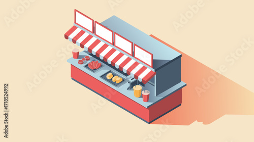 Isometric illustration of fast food stand kiosk vector graphics design concept