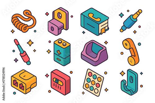 Retro Phone Icon Set. Colorful isometric vector icons set of retro phone accessories: coiled cord, wall mount bracket, telephone book, headset jack, antenna