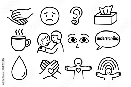Empathy Icons Illustration. Hand-drawn doodle illustration Empathy and support [comforting hand, sad face, heart ear, tissues, warm cup, shoulder touch, caring