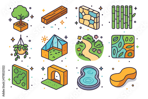 Biophilic Design Icons. Colorful isometric vector icons set of biophilic design elements: indoor tree planter, wooden ceiling beam, natural stone wall, bamboo