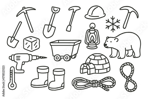 Arctic Mining Icons. Hand-drawn doodle illustration Arctic resource extraction, ice pick, snow shovel, pickaxe, hard hat, lantern, mining cart, drill, ice