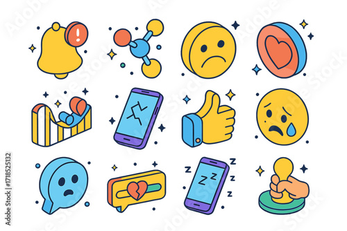 Colorful Mood Icons. Colorful isometric vector icons set of Online validation and mood swings: notification bell, dopamine icon, sad emoji, heart reaction,