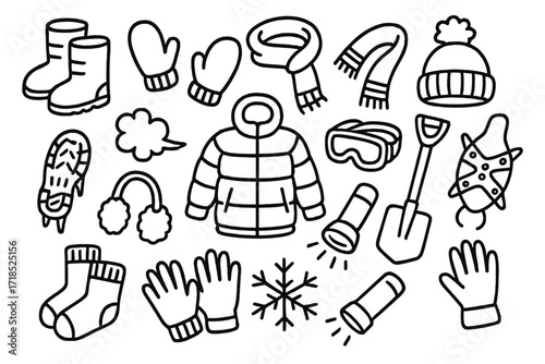 Winter Safety Gear Icons. Hand-drawn doodle illustration winter safety gear boots, mittens, scarf, beanie, thermal jacket, snow goggles, ice grips, snow