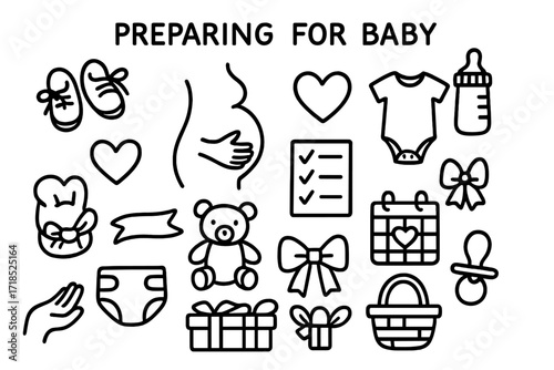 Baby Preparation Doodles. Hand-drawn doodle illustration Preparing for baby baby shoes, belly, heart, checklist, onesie, bottle, diaper, soft toy, ribbon,