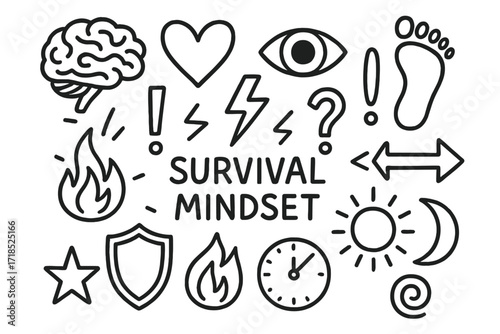 Survival Mindset Icons. Hand-drawn doodle illustration Survival mindset survival brain, heart, eye, footprint, exclamation mark, lightning bolt, question mark,