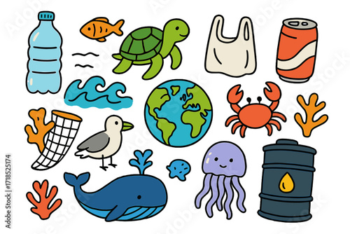 Ocean Pollution Doodle. Ocean pollution. Colorful Hand-drawn doodle Children illustration plastic bottle, fish, turtle, plastic bag, soda can, crab, coral,