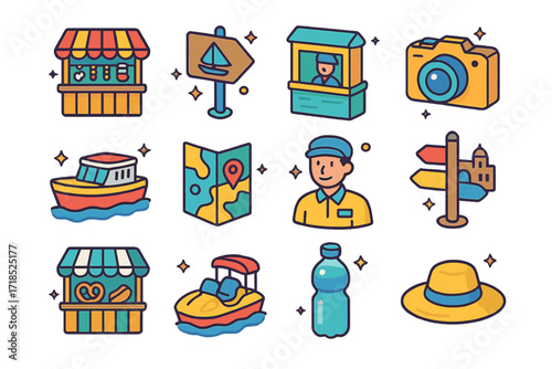 Tourist Harbor Icons. Colorful isometric vector icons set of tourist harbor attractions: souvenir stall, sailing tour sign, ferry ticket booth, camera icon,