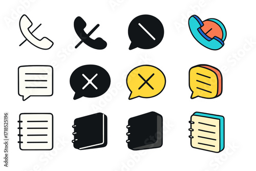 Lost Conversations Icons. Icon Set of Lost Conversations: Silent phone, Muted chat bubble, Empty notebook. Icons set in vector style, emblematic variations.