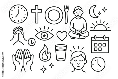 Fasting Symbols Doodle. Hand-drawn doodle illustration fasting and devotion clock with cross, empty plate, hands in lap, moon, sunrise, cup of water, spiritual