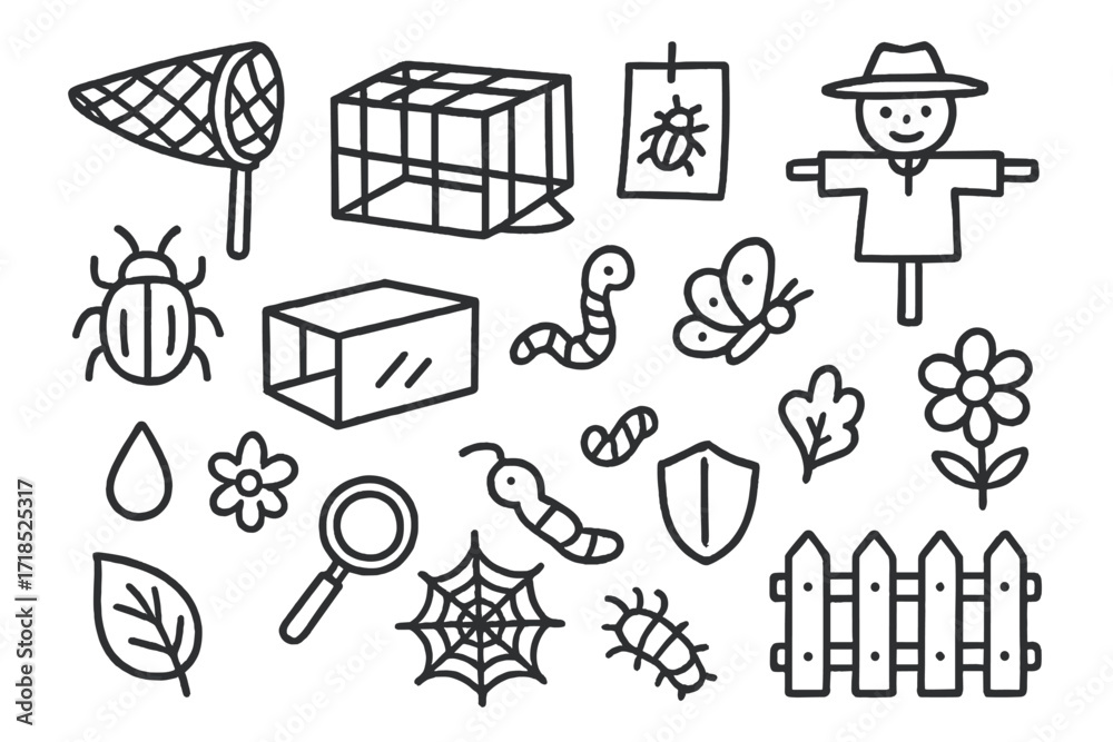 Fototapeta premium Doodle Traps Collection. Hand-drawn doodle illustration traps and barriers net, cage trap, sticky card, scarecrow, fence, leaf, beetle, worm, caterpillar,