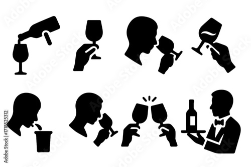 Wine Etiquette Icons. Solid, filled icon set of wine etiquette: pouring wine, holding glass, tasting, swirling, spitting, smelling, toasting, serving. Solid,