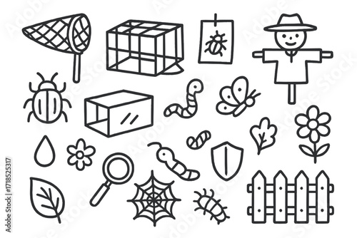 Doodle Traps Collection. Hand-drawn doodle illustration traps and barriers net, cage trap, sticky card, scarecrow, fence, leaf, beetle, worm, caterpillar,