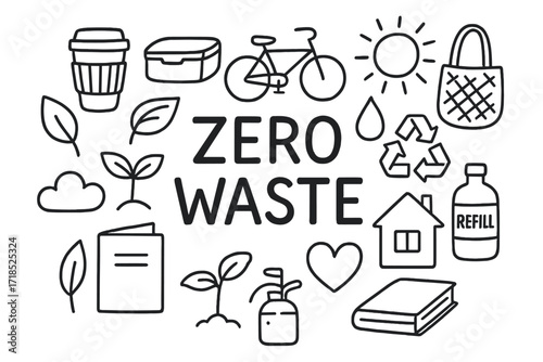 Zero Waste Doodles. Hand-drawn doodle illustration Zero waste lifestyle [reusable cup, lunch box, jar, bag, bicycle, leaf, water droplet, recycle bin, sprout,