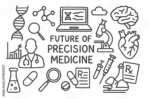 Precision Medicine Doodle. Hand-drawn doodle illustration Future of precision medicine [DNA strand, molecule, computer, chart, microscope, test tube, pill,