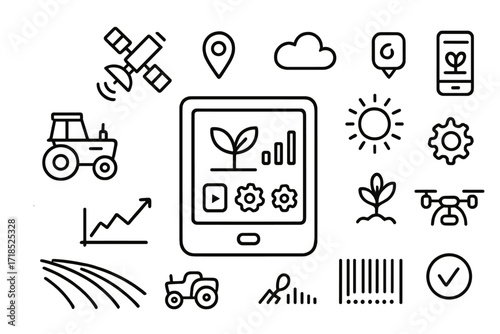 Smart Farming Icons. Hand-drawn doodle illustration Smart farming technology tablet, satellite, GPS icon, tractor, cloud, app screen, sensor icon, plant, gear,