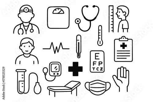 Medical Check-up Doodles. Hand-drawn doodle illustration Routine medical check-up patient icon, doctor figure, scale, stethoscope, height chart, heartbeat