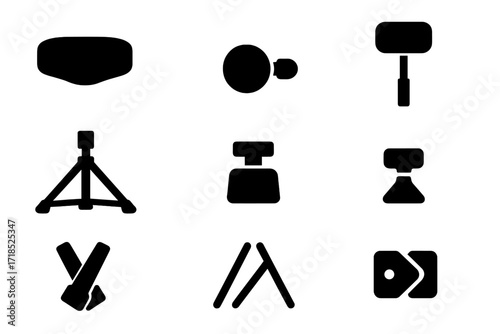Drum Throne Icons. Solid, filled icon set of drum throne components: seat cushion, height adjustment knob, tripod base, rubber feet, backrest, swivel