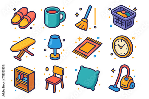Colorful Household Icons. Household items. Colorful isometric vector icons set of household items: slippers, mug, broom, laundry basket, ironing board, lamp,