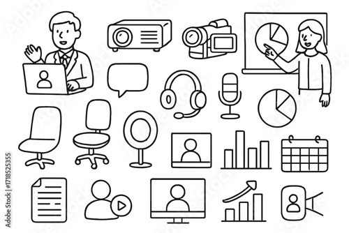 Office Presentation Doodles. Hand-drawn doodle illustration People making video presentations in a modern office laptop, projector, video camera, whiteboard,