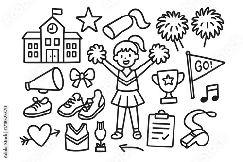 Cheerleading Spirit Doodles. Hand-drawn doodle illustration School Cheerleading Spirit [school building, star, megaphone, pom-poms, cheerleader, sneakers, bow,
