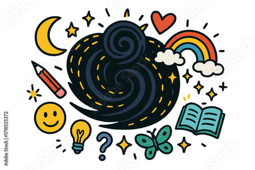 Whimsical Thought Swirl. Colorful Hand-drawn doodle Children illustration Black Hole Swallowing Thoughts black hole, swirling spiral, stars, moon, sun,