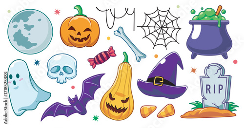 Halloween Scary Items Set with Elements Skull, Pumpkin, Tombstone, Witch's Cauldron