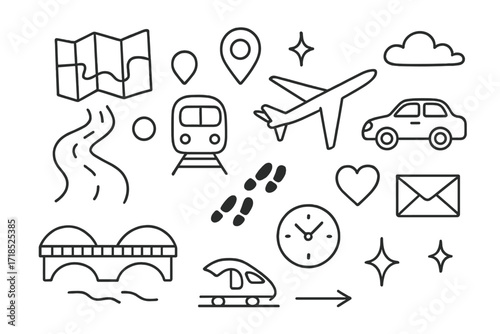 Doodle Journey Symbols. Hand-drawn doodle illustration Distance and connection [map, gps pin, road, train, airplane, car, footsteps, arrow, bridge, heart,
