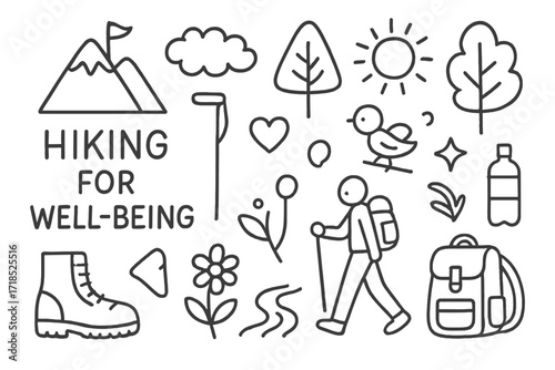 Hiking Doodle Art. Hand-drawn doodle illustration hiking for well-being mountain, boot, walking stick, tree, sun, cloud, star, backpack, water bottle, flower,