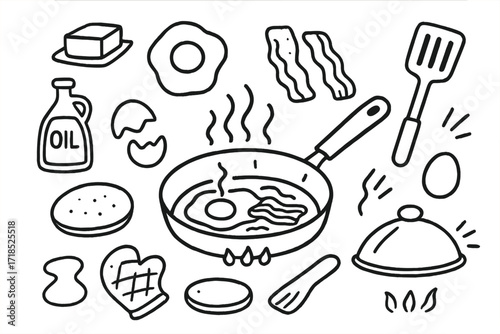 Cartoon Cooking Utensils. Hand-drawn doodle illustration Frying Pan frying pan, spatula, egg, bacon, steam lines, handle, stove, butter, oil bottle, cracked