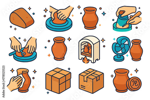 Pottery Making Icons. Colorful isometric vector icons set of stages in pottery making: wedged clay, centered clay on wheel, shaping process, trimming stage,