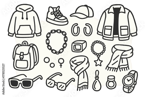 Streetwear Jewelry Doodles. Hand-drawn doodle illustration Jewelry with streetwear [hoodie, sneakers, cap, oversized jacket, backpack, chain necklace, hoop