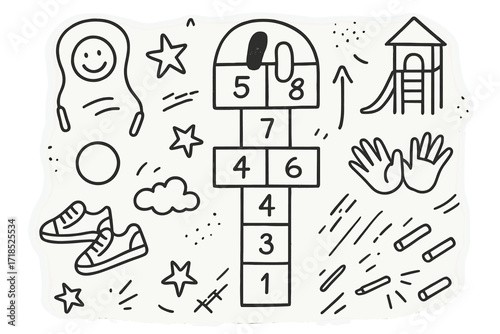 Playground Doodle Fun. Hand-drawn doodle illustration Hopscotch and playground games [chalk grid, jumping feet, numbers ?, arrow, smiley face, skipping rope,