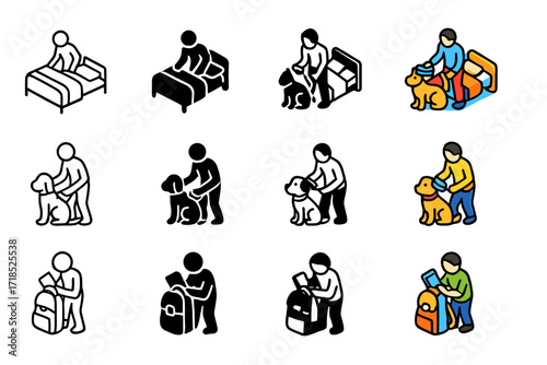 Daily Routine Icons. Icon Set of Daily routines: making the bed, brushing pet, packing school bag. Icons set in vector style, emblematic variations. Making the