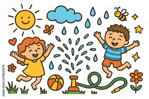 Summer Playtime Doodles. Summer play. Colorful Hand-drawn doodle Children illustration sprinkler, garden hose, kids, ball, sun, cloud, droplet, heart, star,