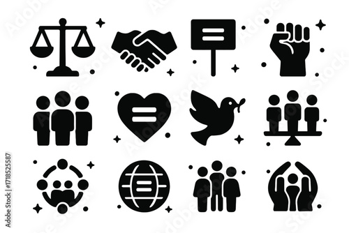 Equality Icons Set. Social Equality. Solid icons set of justice scale, handshake, equality symbol, protest sign, raised fist, diverse group, heart with equal