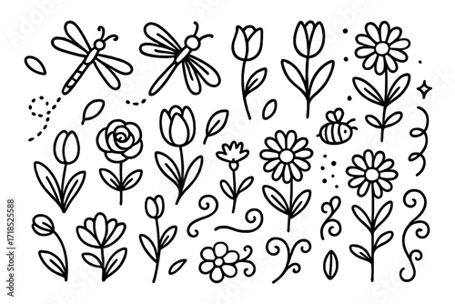 Dragonflies and Blossoms. Hand-drawn doodle illustration Dragonflies and Flowers dragonfly, rose, tulip, petal, daisy, leaf, pollen dot, curved stem, breeze
