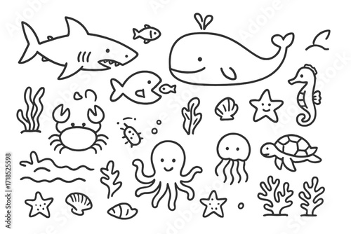 Marine Doodles Collection. Hand-drawn doodle illustration Marine animal feeding fish, small fish, shark, whale, plankton, seaweed, crab, octopus, starfish,