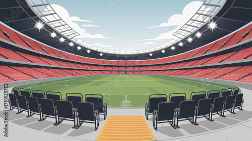 Empty Football Stadium Illustration with field, lights and seating arrangement