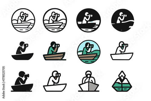 Model Boat Logo Grid. Set Logo of Model on Location: boat photoshoot on lake. Logo set in vector style, emblematic variations. line, bold thick line, solid