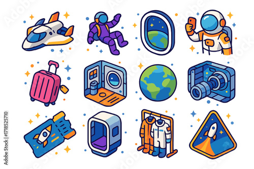 Space Tourism Icons. Colorful isometric vector icons set of space tourism experiences: futuristic spacecraft, passenger in zero gravity, space capsule window