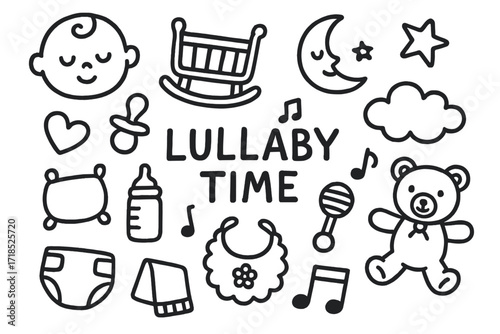 Lullaby Doodle Icons. Hand-drawn doodle illustration Lullaby time baby face, cradle, moon, star, cloud, pacifier, bottle, rattle, teddy bear, bib, diaper,